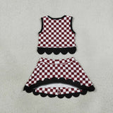 C Team Black Bows Scalloped Dark Red Plaid Athletic Shorts Girls Skirt Sets