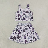 Cartoon Ghost Purple Athletic Shorts Skirt Sets Girls Halloween Outfits