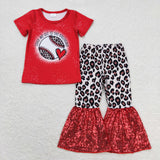 Promotional Baseball Sequin Leopard Print Girls Short Sleeve+Trousers Sets