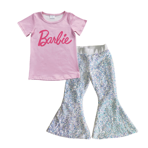 Cartoon Dolls White Sequins Girls Short Sleeve+Trousers Sets