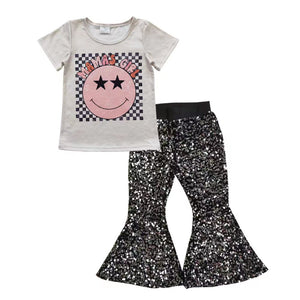 Mama's Girl Smile Black Sequins Girls Short Sleeve+Trousers Sets