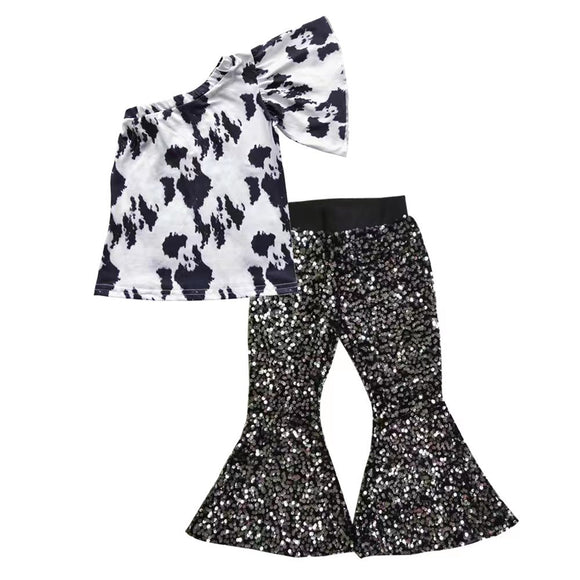 Cowhide Black Sequins Girls Short Sleeve+Trousers Sets