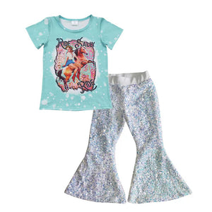 Ride Rodeo White Sequins Girls Short Sleeve+Trousers Sets