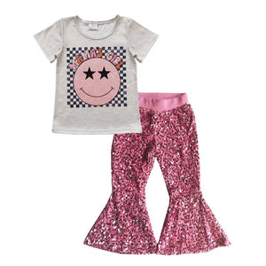 Mama's Girl Smile Hot Pink Sequins Girls Short Sleeve+Trousers Sets