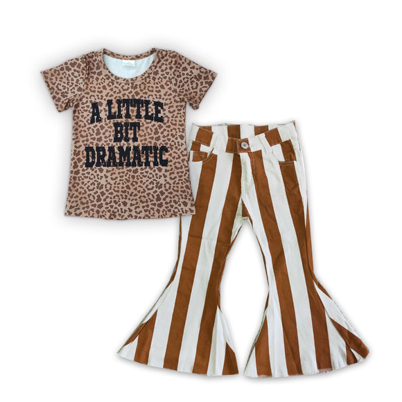 Dramatic Brown Stripe Jeans Girls Short Sleeve+Trousers Sets