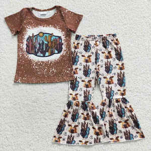 Aztec Highland Cow Cactus Brown Girls Short Sleeve+Trousers Sets