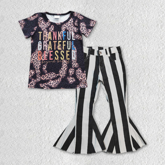 Thankful Colorful Letters Black White Stripe Jeans Girls Thanksgiving Outfits