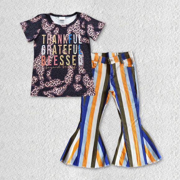 Thankful Colorful Letters Blue Orange Stripe Jeans Girls Thanksgiving Outfits