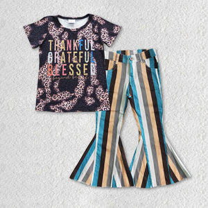 Thankful Colorful Letters Blue Gray Stripe Jeans Girls Thanksgiving Outfits