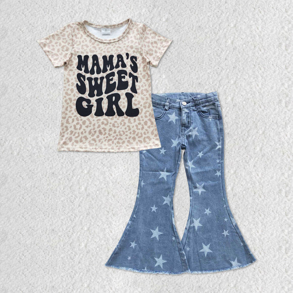 Mama's sweet girl Stars Jeans Girls Short Sleeve+Trousers Sets