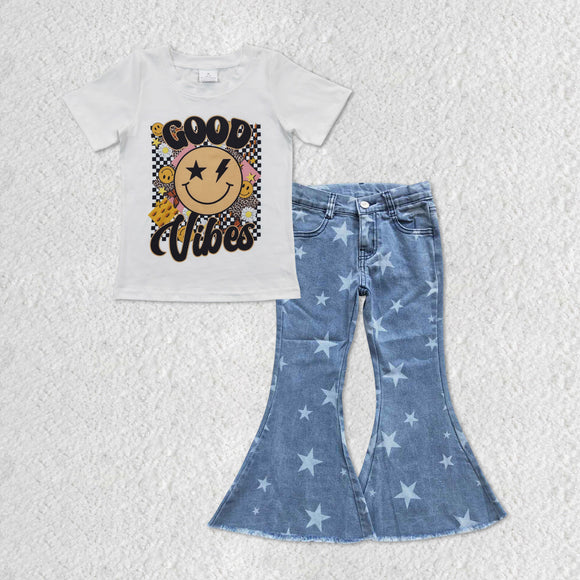 Good Vibes Smile Stars Jeans Girls Short Sleeve+Trousers Sets