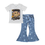 Good Vibes Smile Stars Jeans Girls Short Sleeve+Trousers Sets