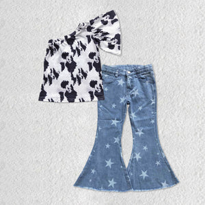 Cowhide One Shoulder Stars Jeans Girls Short Sleeve+Trousers Sets