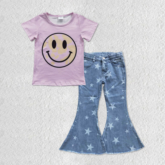 Smile Pink Stars Jeans Girls Short Sleeve+Trousers Sets