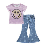 Smile Pink Stars Jeans Girls Short Sleeve+Trousers Sets