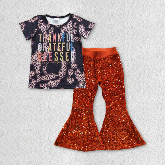 Thankful Letters Orange-Red Sequins Girls Thanksgiving Outfits