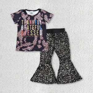 Thankful Letters Black Sequins Girls Thanksgiving Outfits