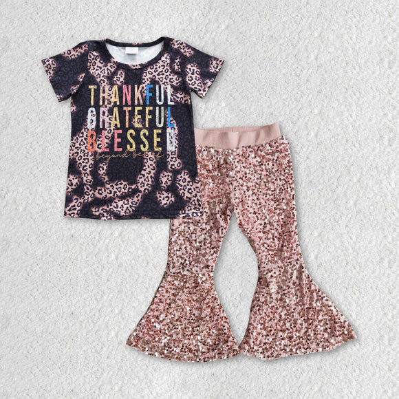 Thankful Letters Pink Sequins Girls Thanksgiving Outfits