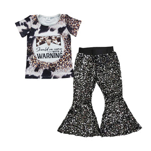 Warning Letters Black Sequins Girls Short Sleeve+Trousers Sets