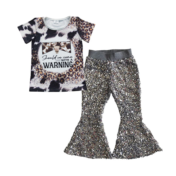 Warning Letters Gray Sequins Girls Short Sleeve+Trousers Sets