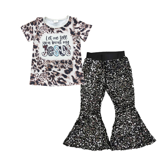 Jesus Letters Black Sequins Girls Thanksgiving Outfits