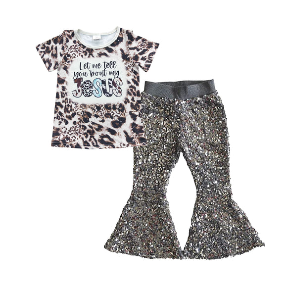 Jesus Letters Gray Sequins Girls Thanksgiving Outfits