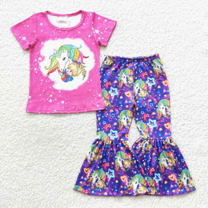 Cartoon Unicorn Hot Pink Girls Short Sleeve+Trousers Sets