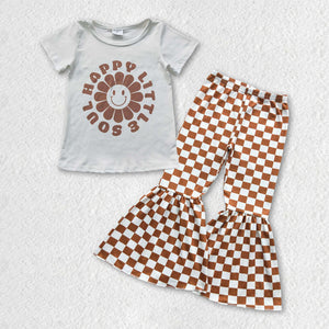 Happy Little Soul Smile Plaid Girls Short Sleeve+Trousers Sets