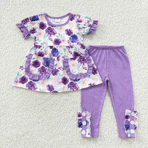 Floral Purple Legging Girls Short Sleeve+Trousers Sets