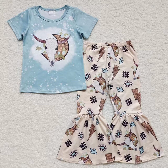 Moon Highland Cow Girls Short Sleeve+Trousers Sets