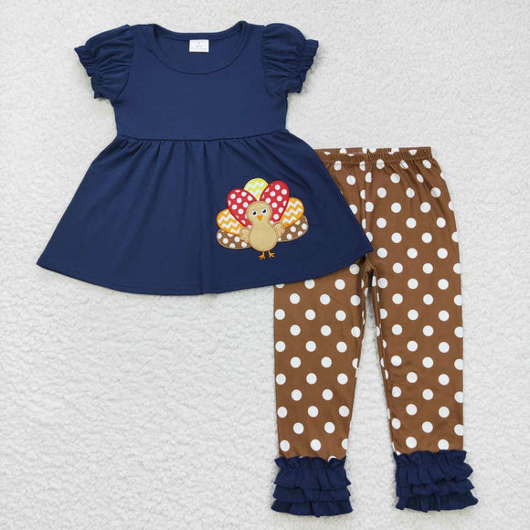 Polka Dots Turkey Navy Girls Thanksgiving Outfits