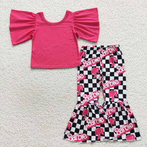 Cartoon Dolls Plaid Hot Pink Girls Short Sleeve+Trousers Sets