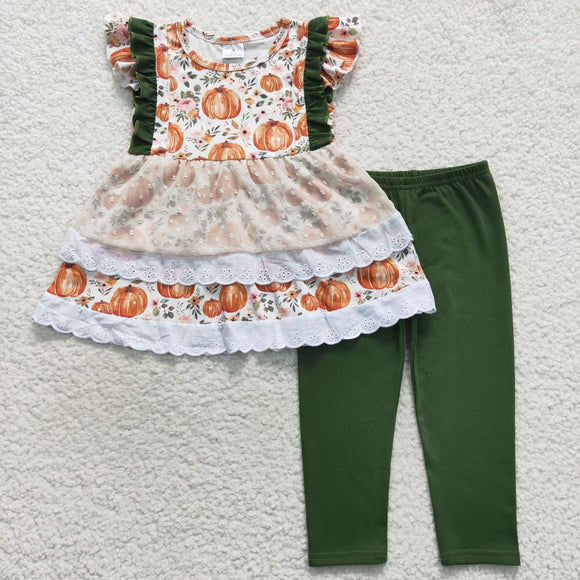 Pumpkin Lace Ruffles Green Legging Girls Short Sleeve+Trousers Sets