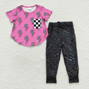 Lightning Hot Pink Leopard Print Black Girls Short Sleeve+Trousers Sets