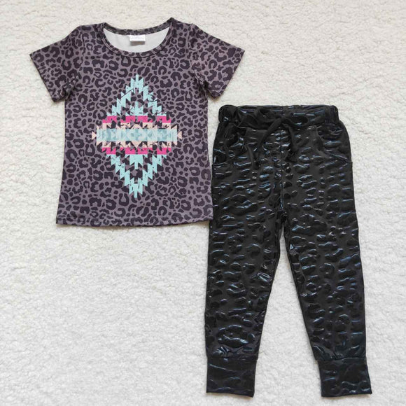 Aztec Leopard Print Girls Short Sleeve+Trousers Sets