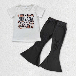 Nirvana Smile Black Jeans Girls Short Sleeve+Trousers Sets