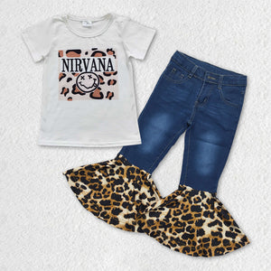 Nirvana Smile Leopard Print Blue Jeans Girls Short Sleeve+Trousers Sets