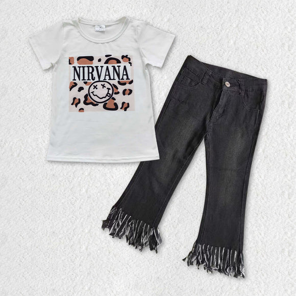 Nirvana Smile Tassels Black Jeans Girls Short Sleeve+Trousers Sets