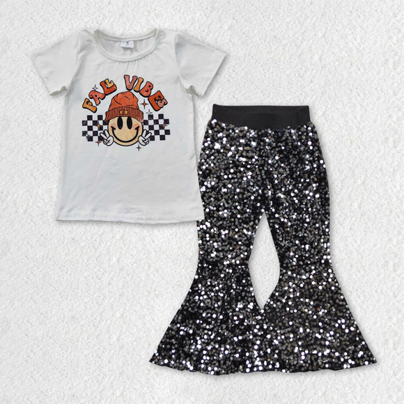 Fall Vibes Smile Black Sequins Girls Short Sleeve+Trousers Sets