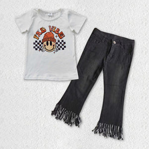 Fall Vibes Smile Tassels Black Jeans Girls Short Sleeve+Trousers Sets