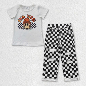 Fall Vibes Smile Black White Plaid Jeans Boys Short Sleeve+Trousers Sets