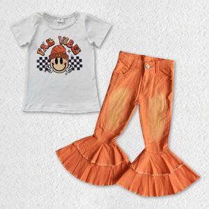 Fall Vibes Smile Orange Jeans Girls Short Sleeve+Trousers Sets