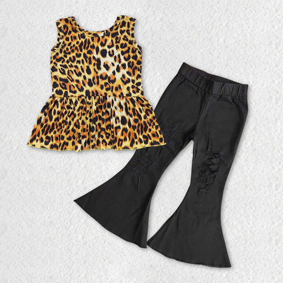 Leopard Print Black Jeans Girls Short Sleeve+Trousers Sets