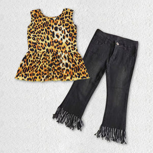 Leopard Print Tassels Black Jeans Girls Short Sleeve+Trousers Sets