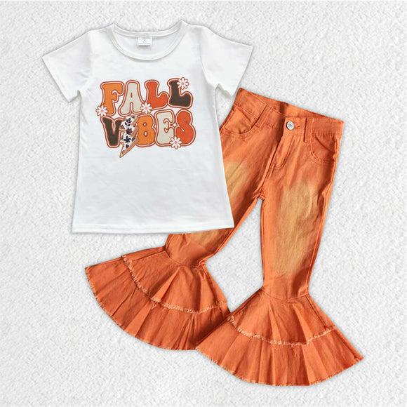 Fall Vibes Orange Jeans Girls Short Sleeve+Trousers Sets