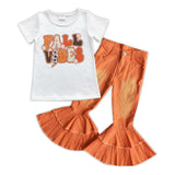 Fall Vibes Orange Jeans Girls Short Sleeve+Trousers Sets