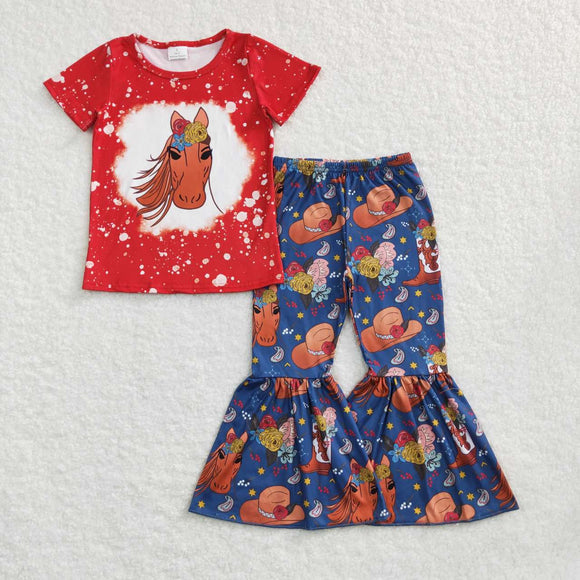 Horse Red Navy Girls Short Sleeve+Trousers Sets