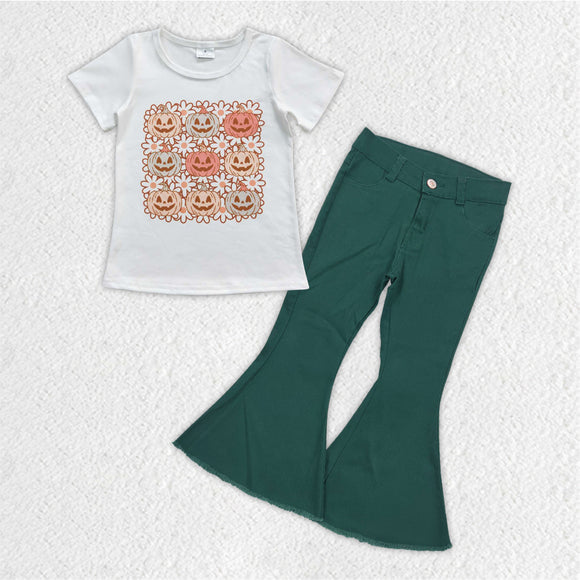 Floral Smile Pumpkin Green Jeans Girls Halloween Outfits