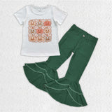 Floral Smile Pumpkin Double Ruffles Green Jeans Girls Halloween Outfits