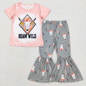 Roam Wild Highland Cow Girls Short Sleeve+Trousers Sets